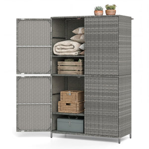 4-Door Rattan Vertical Storage Shed with Adjustable Shelves-Gray