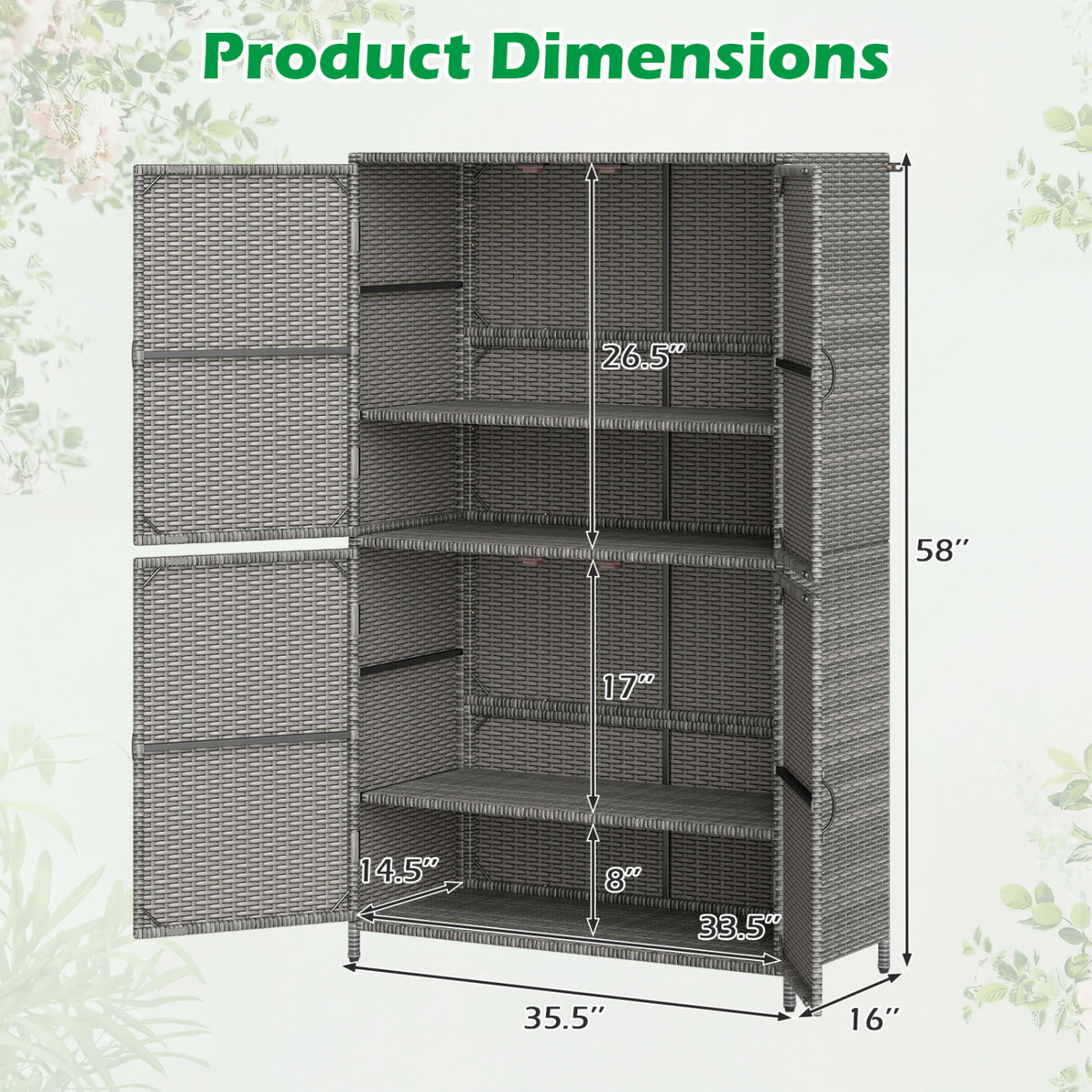 4-Door Rattan Vertical Storage Shed with Adjustable Shelves-Gray view 5
