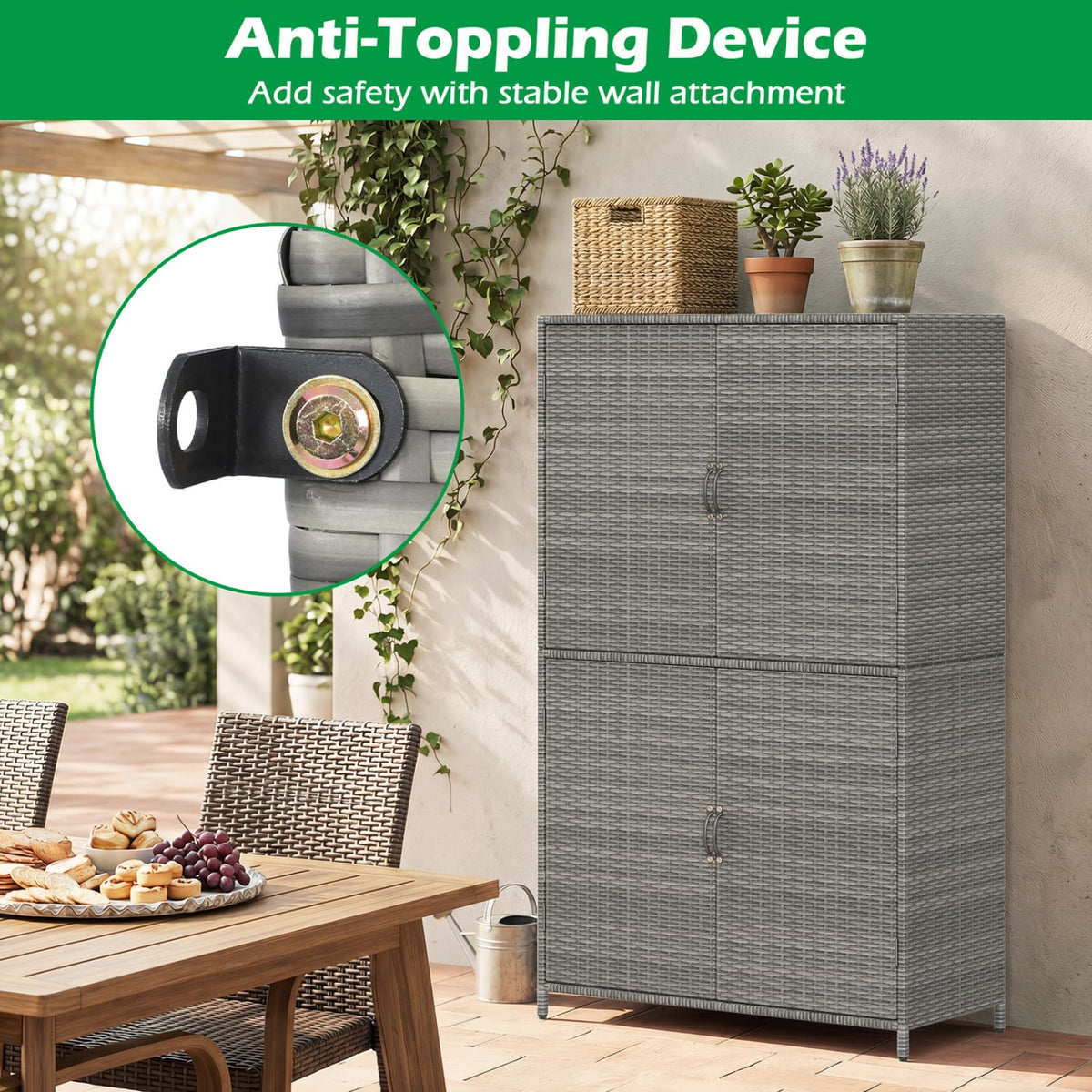 4-Door Rattan Vertical Storage Shed with Adjustable Shelves-Gray view 9