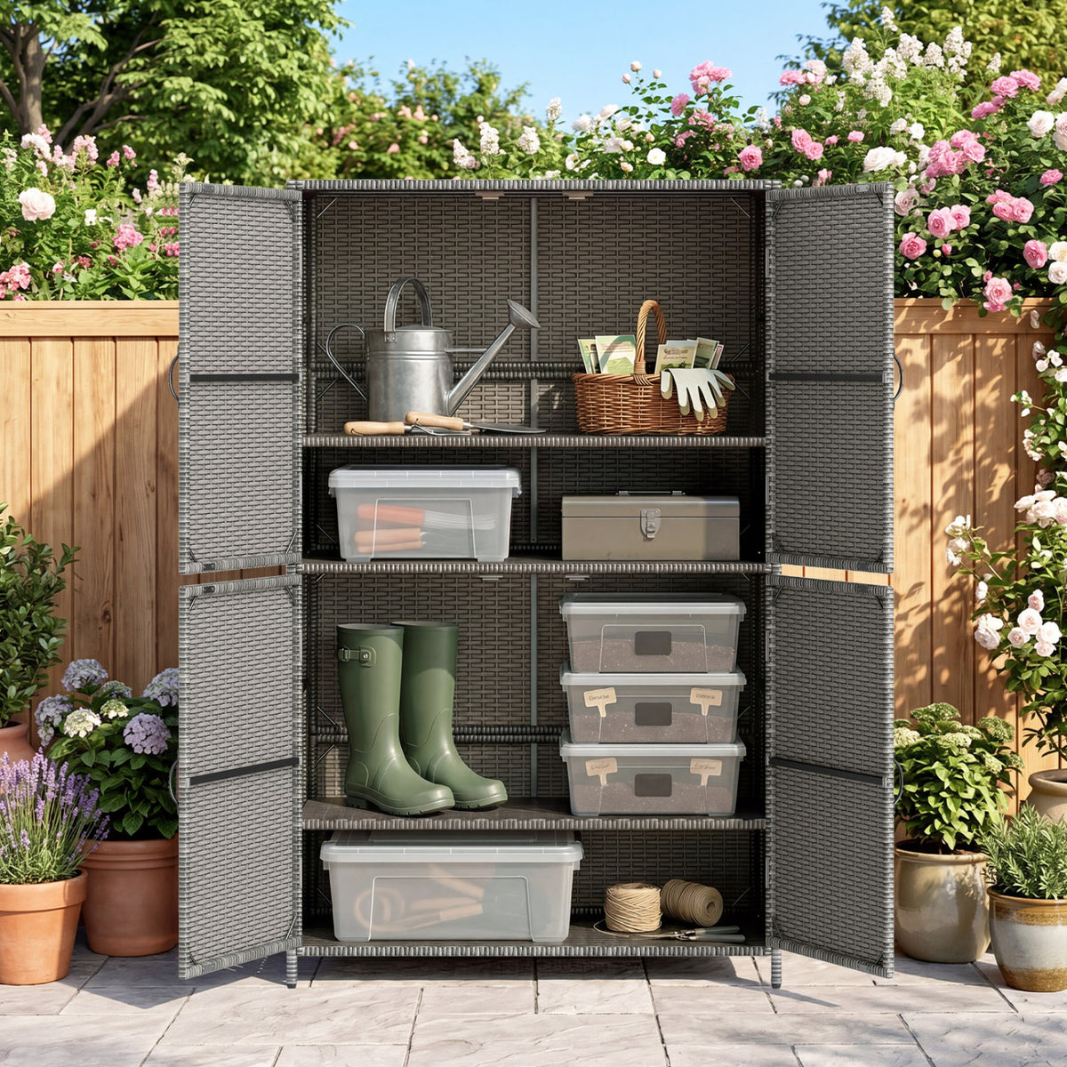 4-Door Rattan Vertical Storage Shed with Adjustable Shelves-Gray view 6