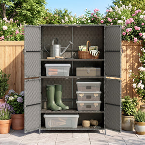 4-Door Rattan Vertical Storage Shed with Adjustable Shelves-Gray view 6