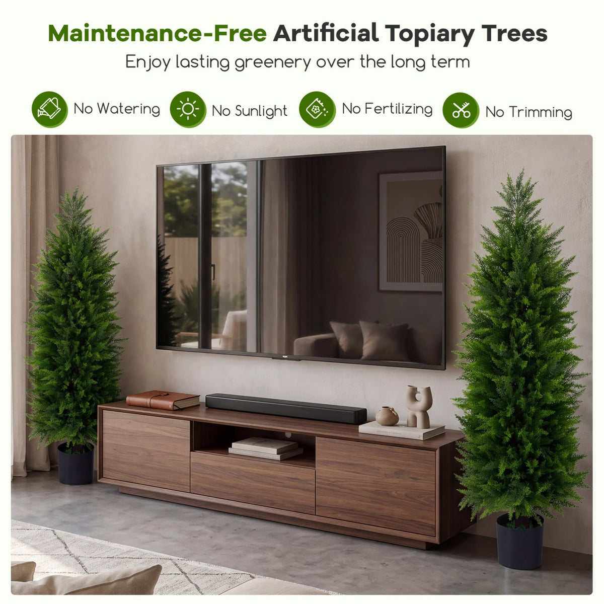 4 FT Artificial Topiary Tree Set of 2 Faux Cedar Cypress Plants in Cement-Filled Pots-Green view 7