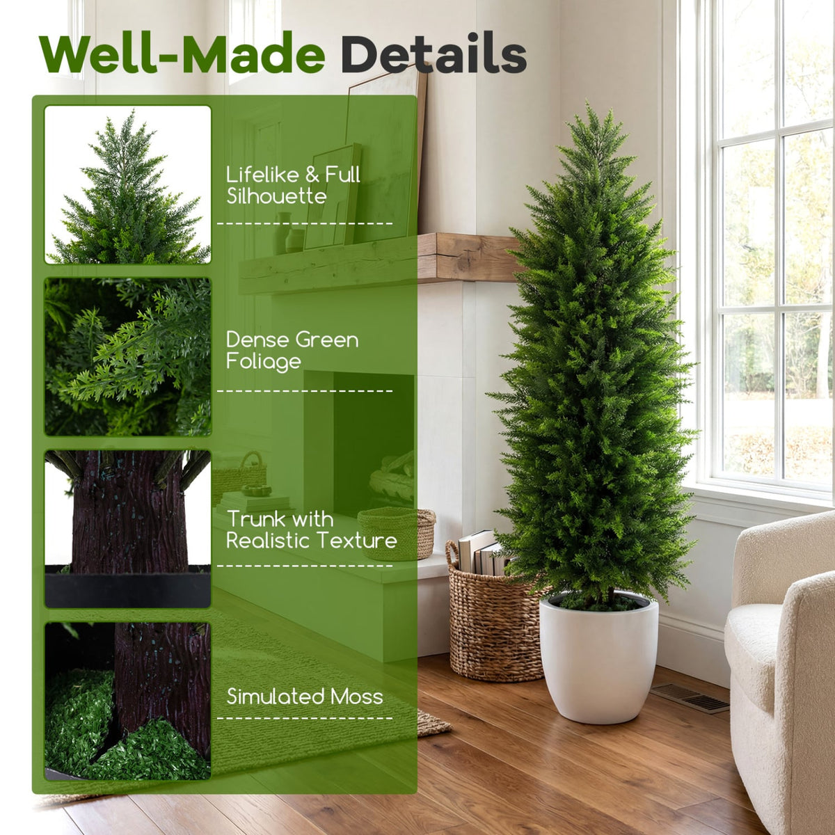 4 FT Artificial Topiary Tree Set of 2 Faux Cedar Cypress Plants in Cement-Filled Pots-Green view 9