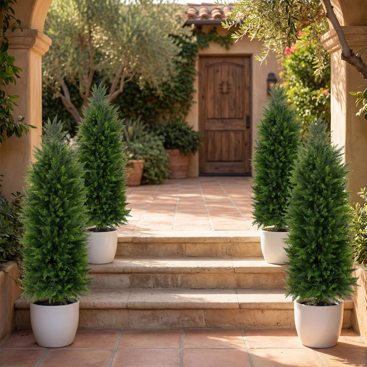 4 FT Artificial Topiary Tree Set of 2 Faux Cedar Cypress Plants in Cement-Filled Pots-Green view 3