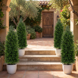 4 FT Artificial Topiary Tree Set of 2 Faux Cedar Cypress Plants in Cement-Filled Pots-Green view 3