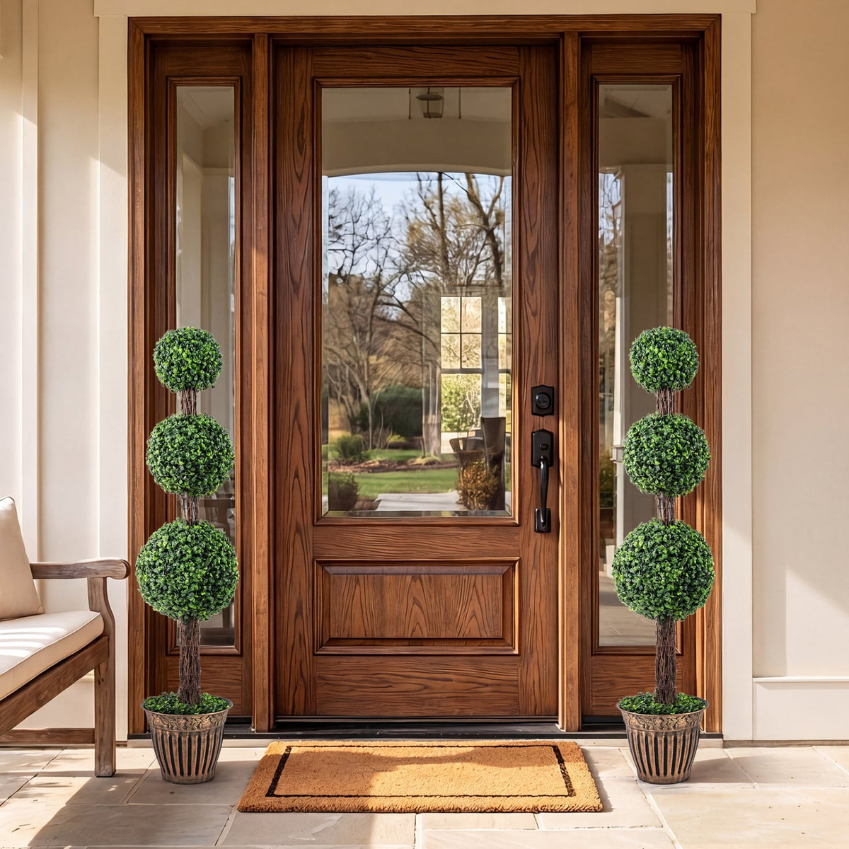 4 FT Artificial Triple Ball Boxwood Tree with Cement-filled Retro Planter Set of 2-Green view 3