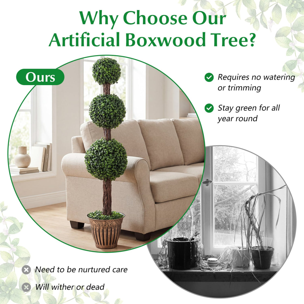 4 FT Artificial Triple Ball Boxwood Tree with Cement-filled Retro Planter Set of 2-Green view 6