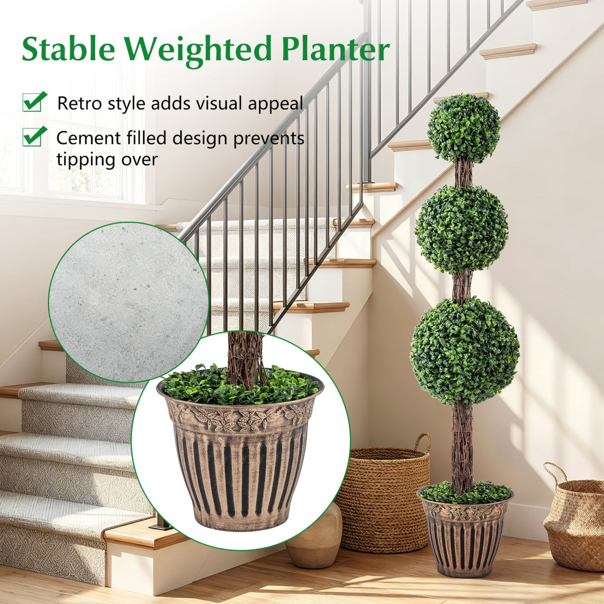 4 FT Artificial Triple Ball Boxwood Tree with Cement-filled Retro Planter Set of 2-Green view 7