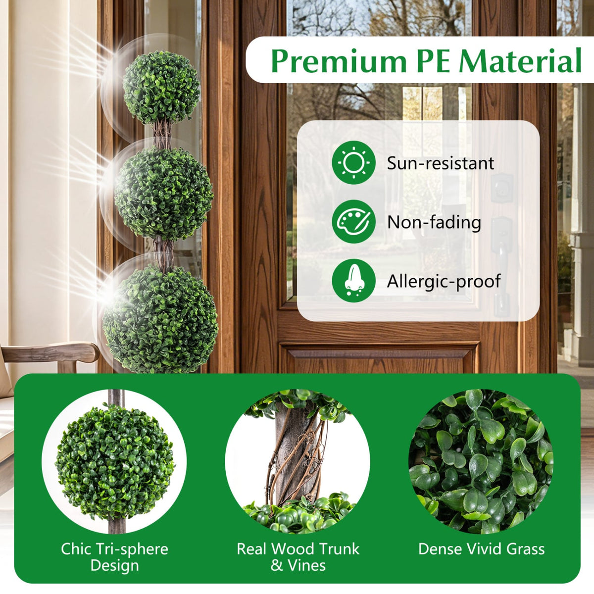 4 FT Artificial Triple Ball Boxwood Tree with Cement-filled Retro Planter Set of 2-Green view 8