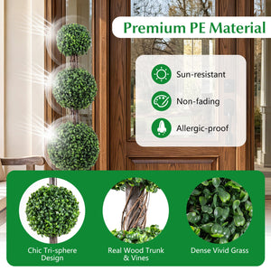4 FT Artificial Triple Ball Boxwood Tree with Cement-filled Retro Planter Set of 2-Green view 8