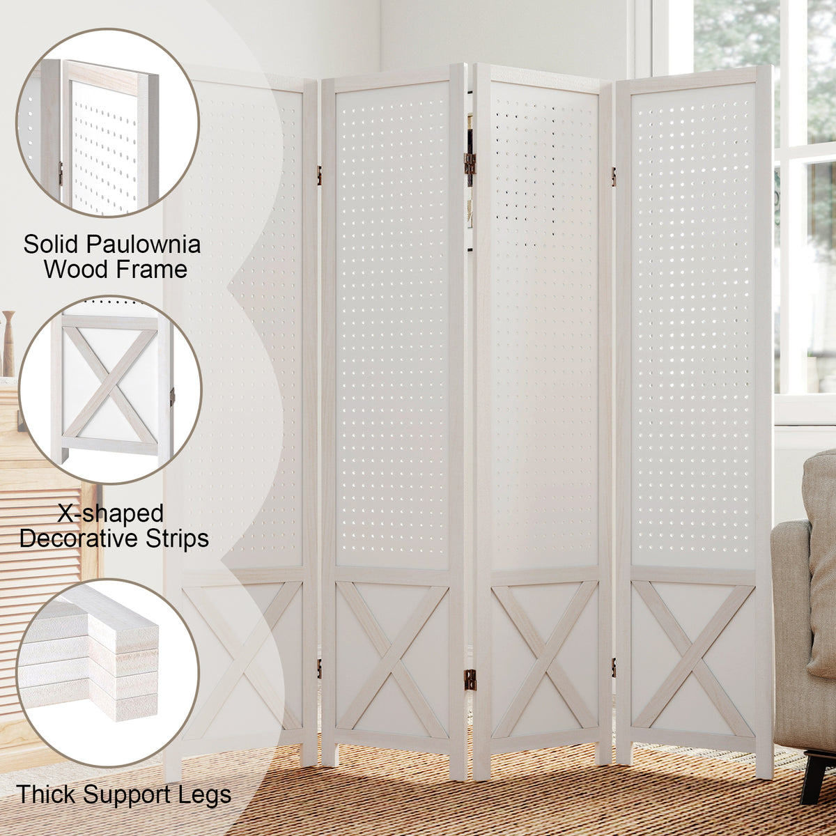 4-Panel Pegboard Room Divider 67 Inches Tall Foldable Privacy Screen view 6