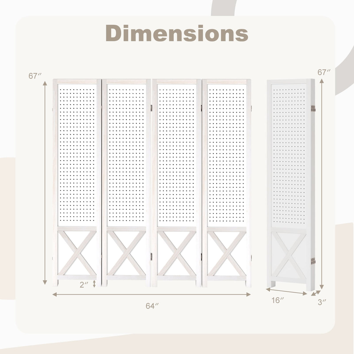 4-Panel Pegboard Room Divider 67 Inches Tall Foldable Privacy Screen view 5