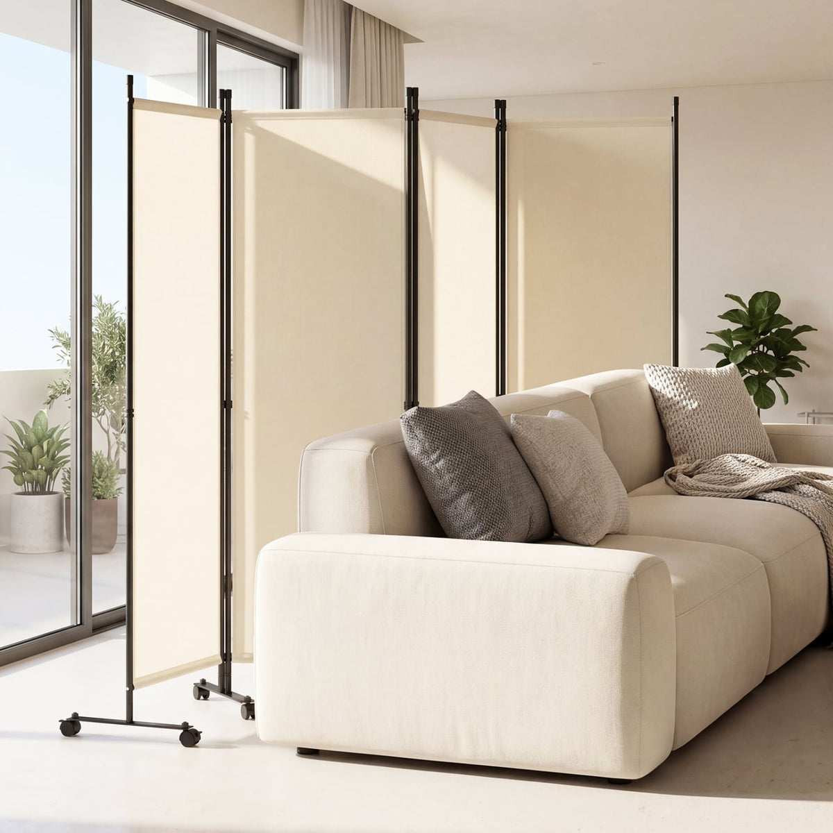 4-Panel Room Divider with Lockable Wheels for Living Room-Beige view 2