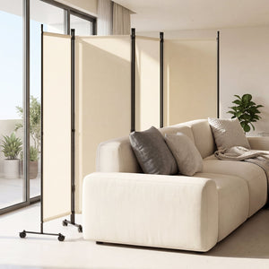 4-Panel Room Divider with Lockable Wheels for Living Room-Beige view 2