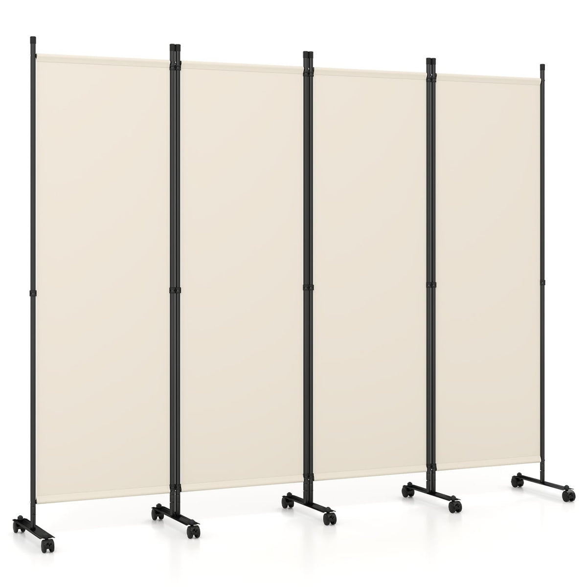 4-Panel Room Divider with Lockable Wheels for Living Room-Beige