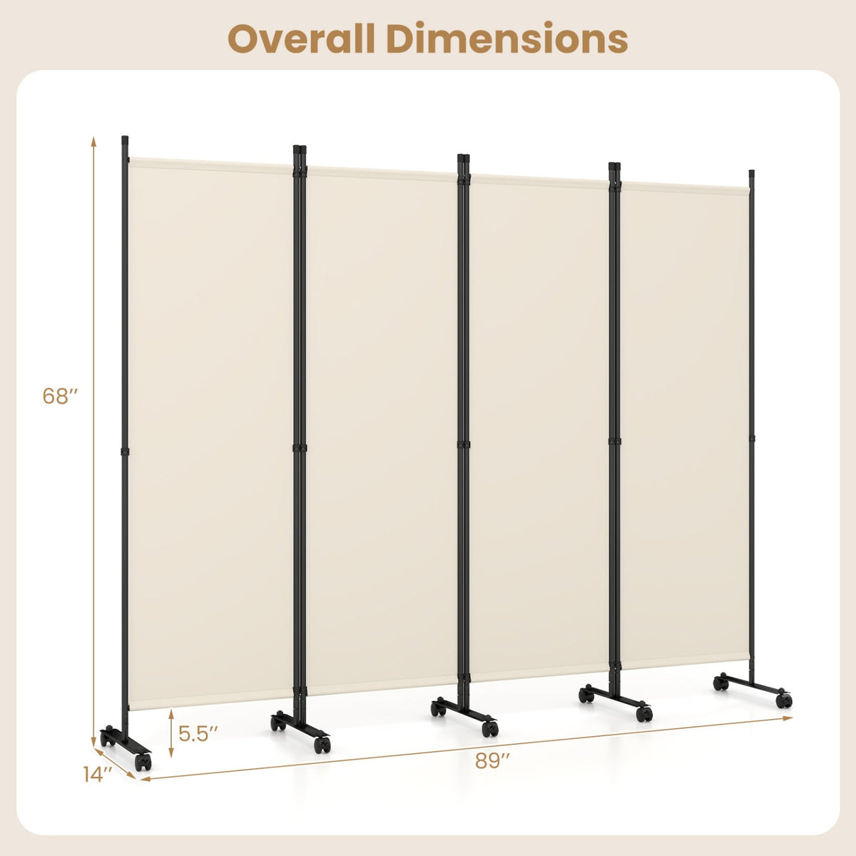 4-Panel Room Divider with Lockable Wheels for Living Room-Beige view 4