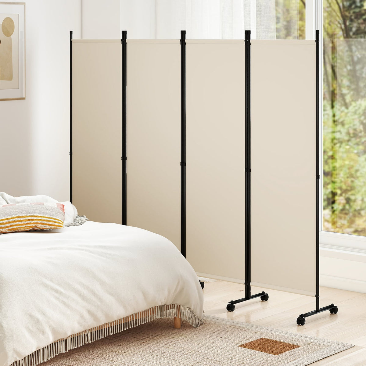 4-Panel Room Divider with Lockable Wheels for Living Room-Beige view 5