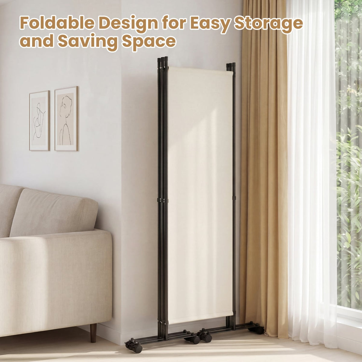 4-Panel Room Divider with Lockable Wheels for Living Room-Beige view 6