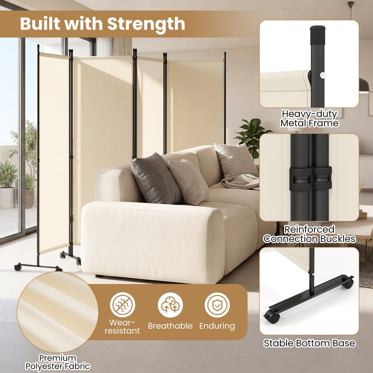 4-Panel Room Divider with Lockable Wheels for Living Room-Beige view 7