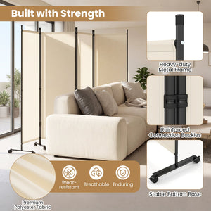 4-Panel Room Divider with Lockable Wheels for Living Room-Beige view 7
