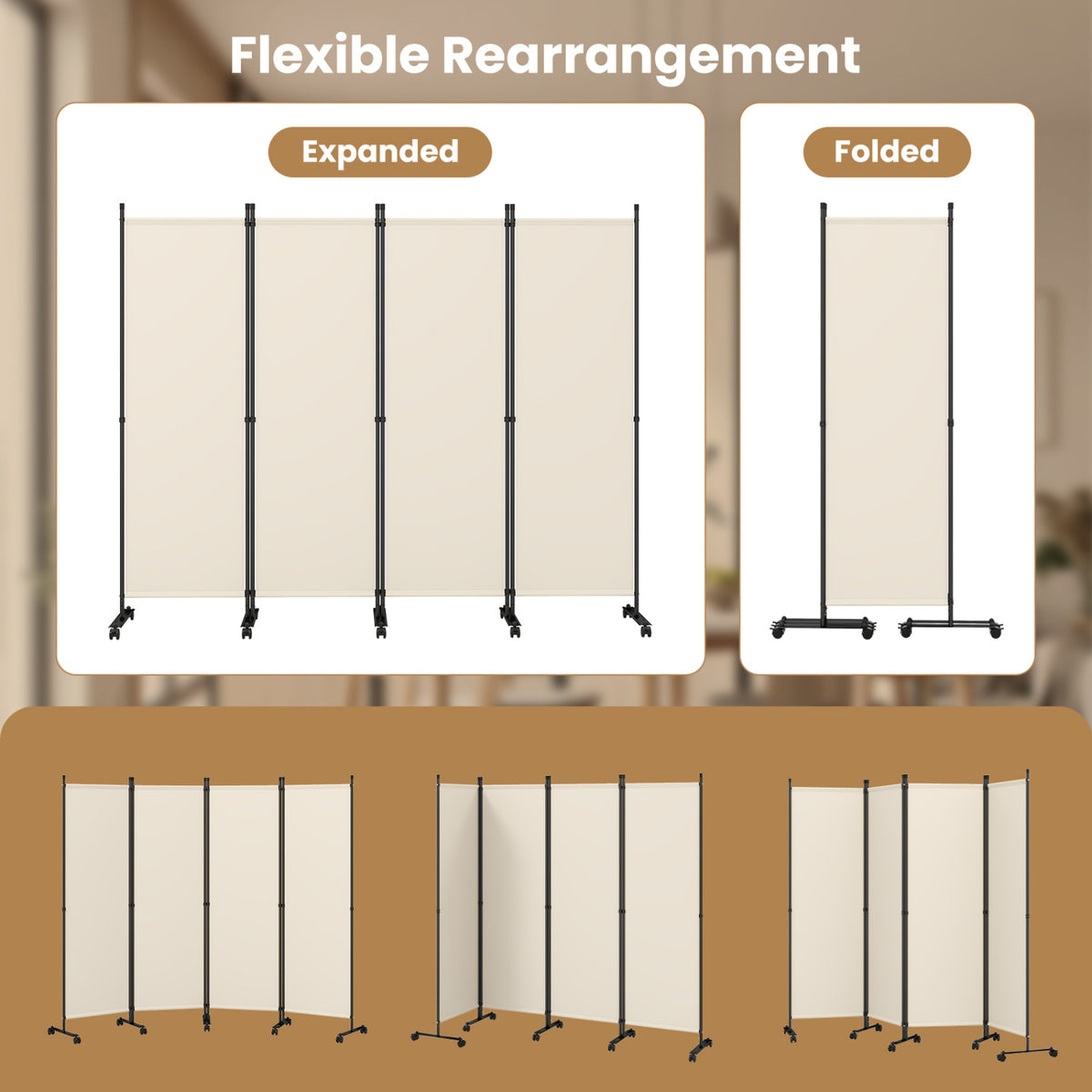 4-Panel Room Divider with Lockable Wheels for Living Room-Beige view 8