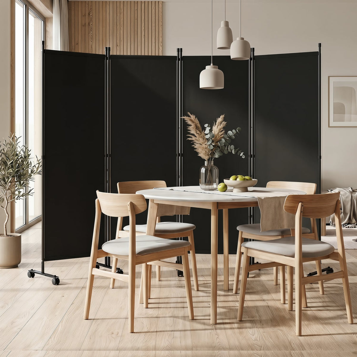 4-Panel Room Divider with Lockable Wheels for Living Room-Black view 3