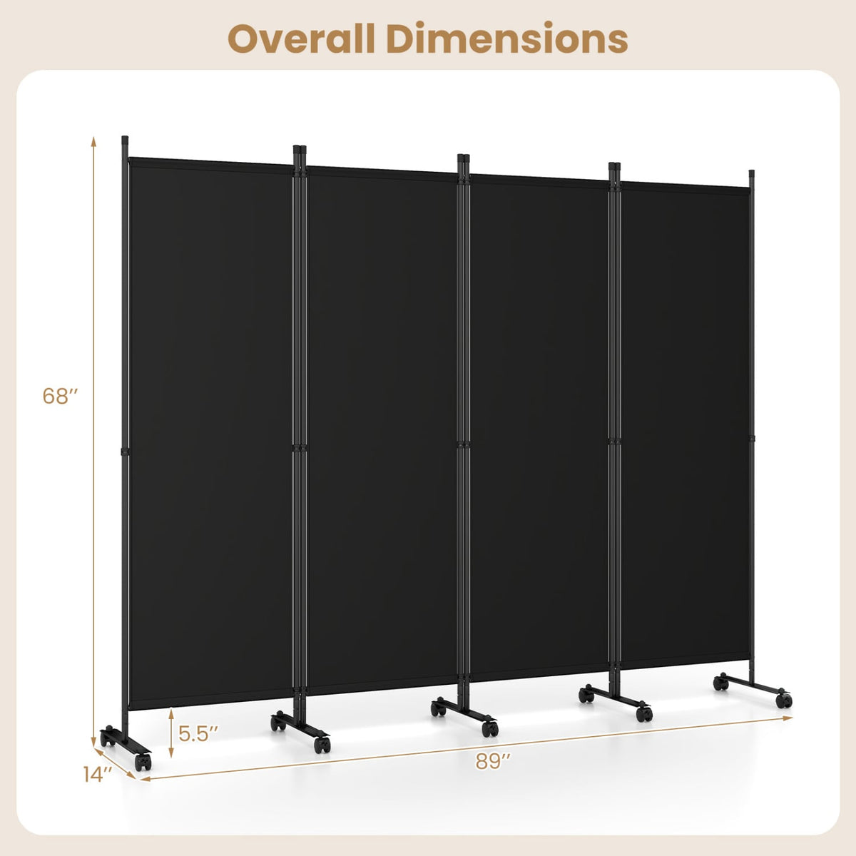 4-Panel Room Divider with Lockable Wheels for Living Room-Black view 4