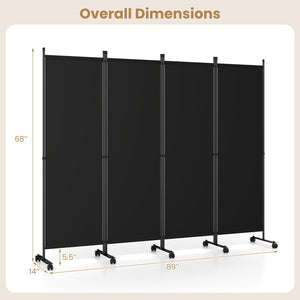 4-Panel Room Divider with Lockable Wheels for Living Room-Black view 4