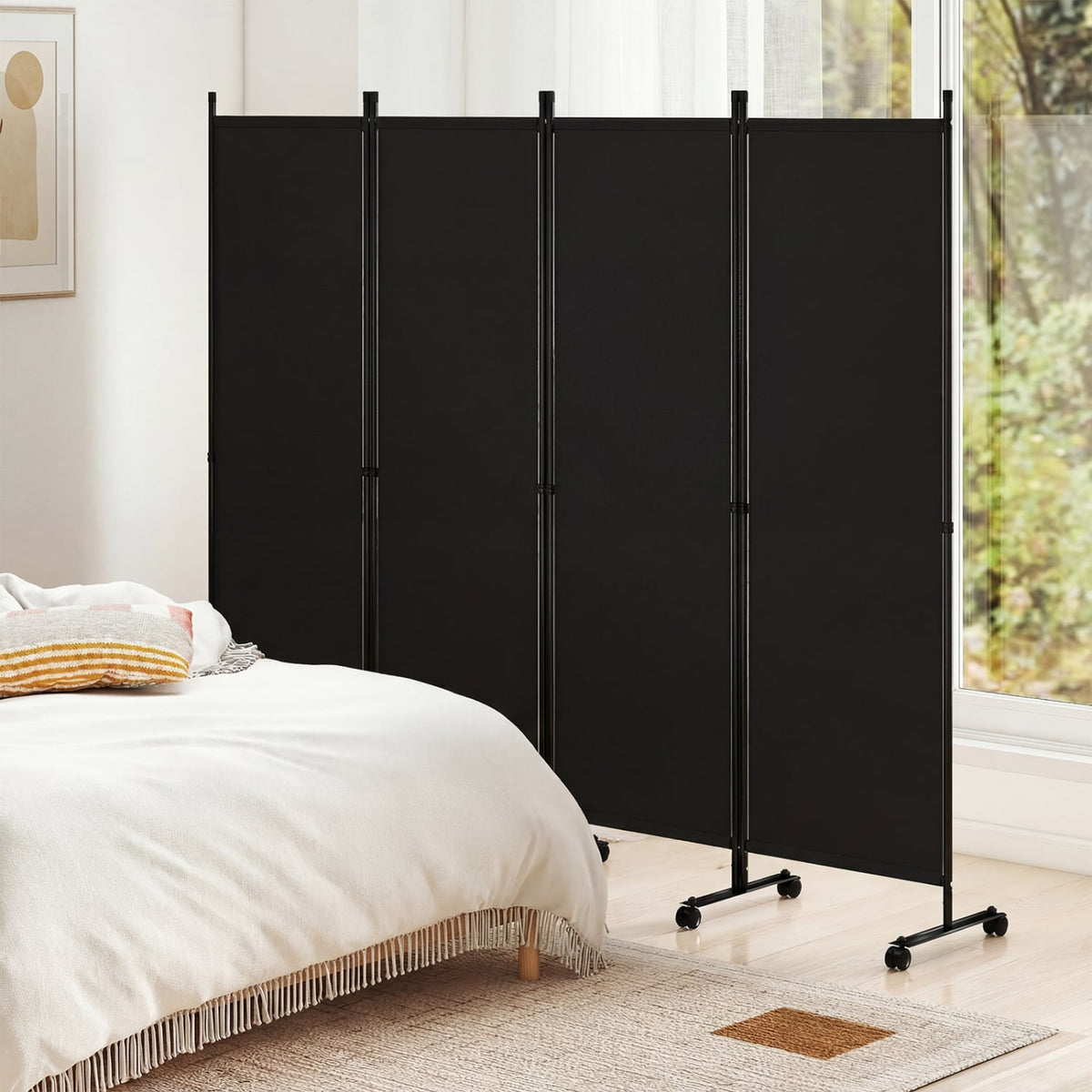 4-Panel Room Divider with Lockable Wheels for Living Room-Black view 5