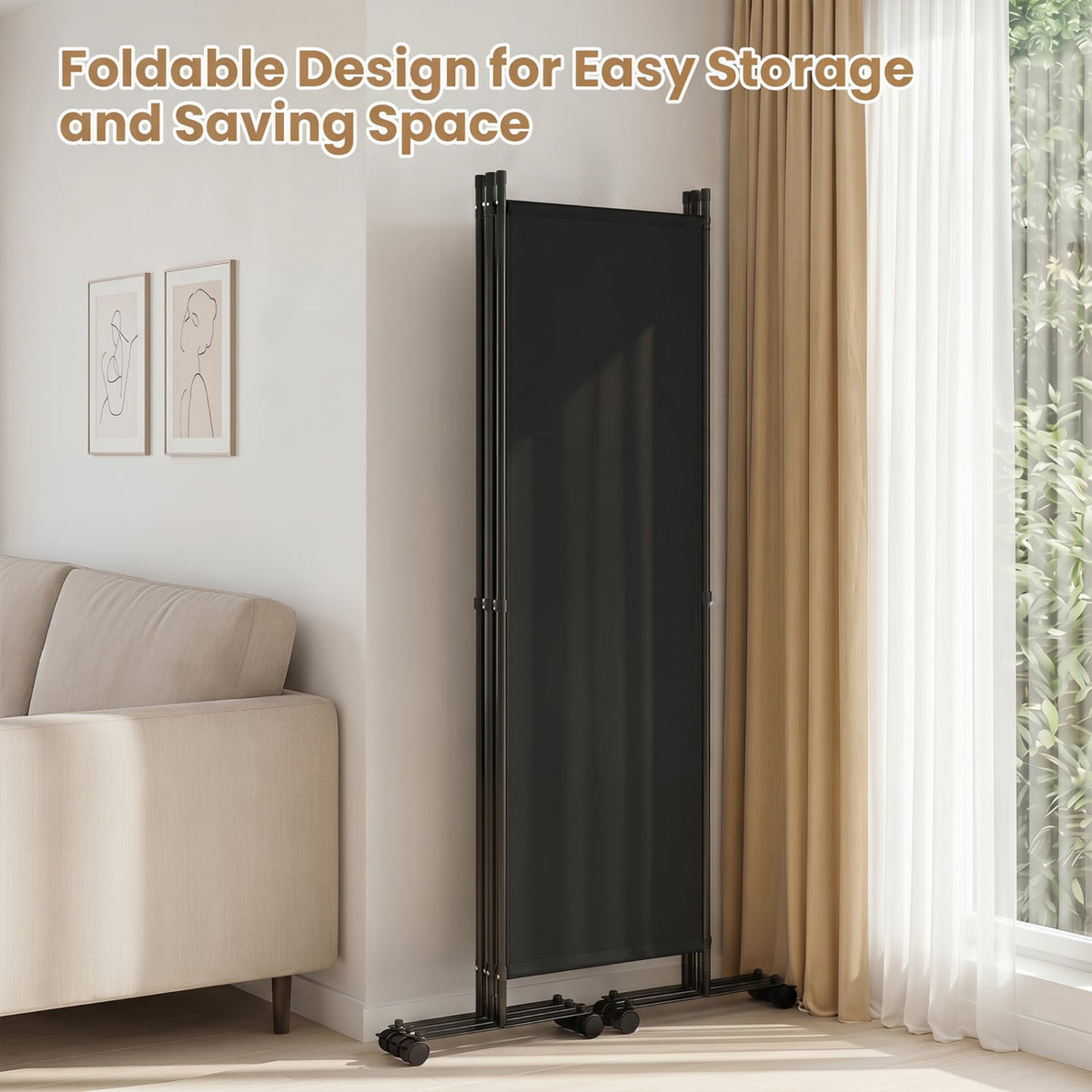 4-Panel Room Divider with Lockable Wheels for Living Room-Black view 6