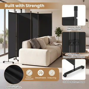 4-Panel Room Divider with Lockable Wheels for Living Room-Black view 7