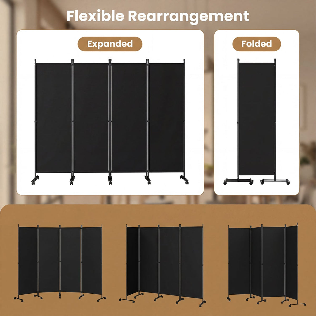 4-Panel Room Divider with Lockable Wheels for Living Room-Black view 8