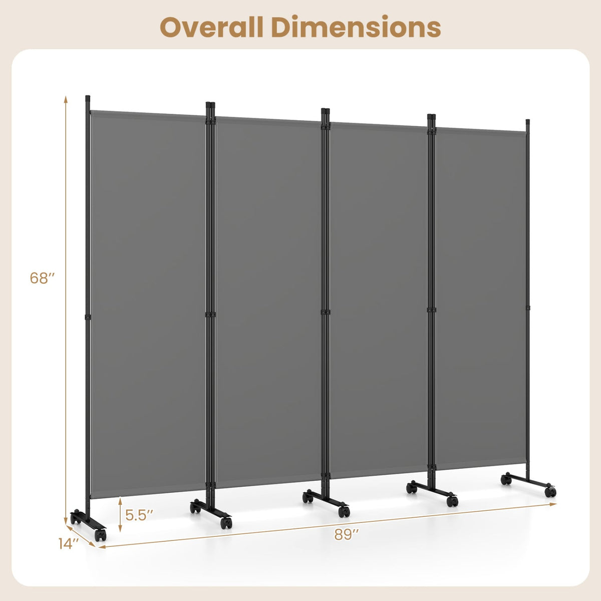 4-Panel Room Divider with Lockable Wheels for Living Room-Gray view 4