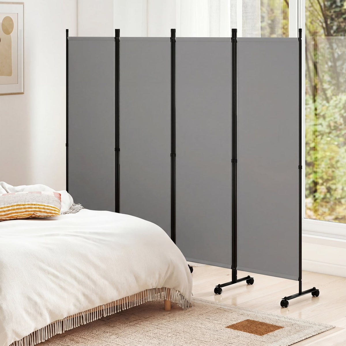 4-Panel Room Divider with Lockable Wheels for Living Room-Gray view 5