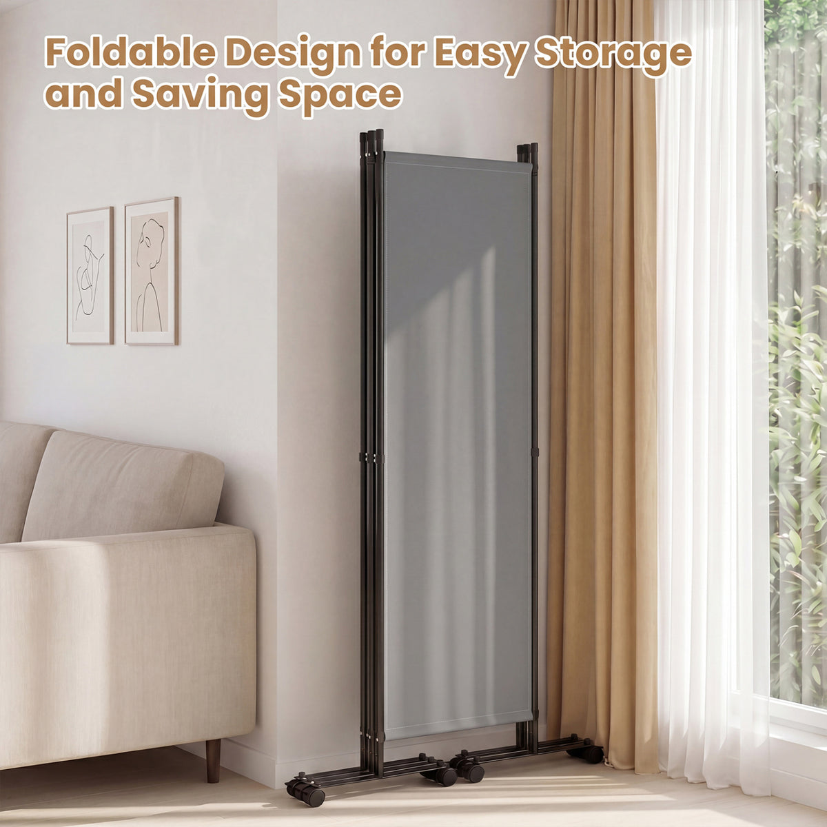 4-Panel Room Divider with Lockable Wheels for Living Room-Gray view 6