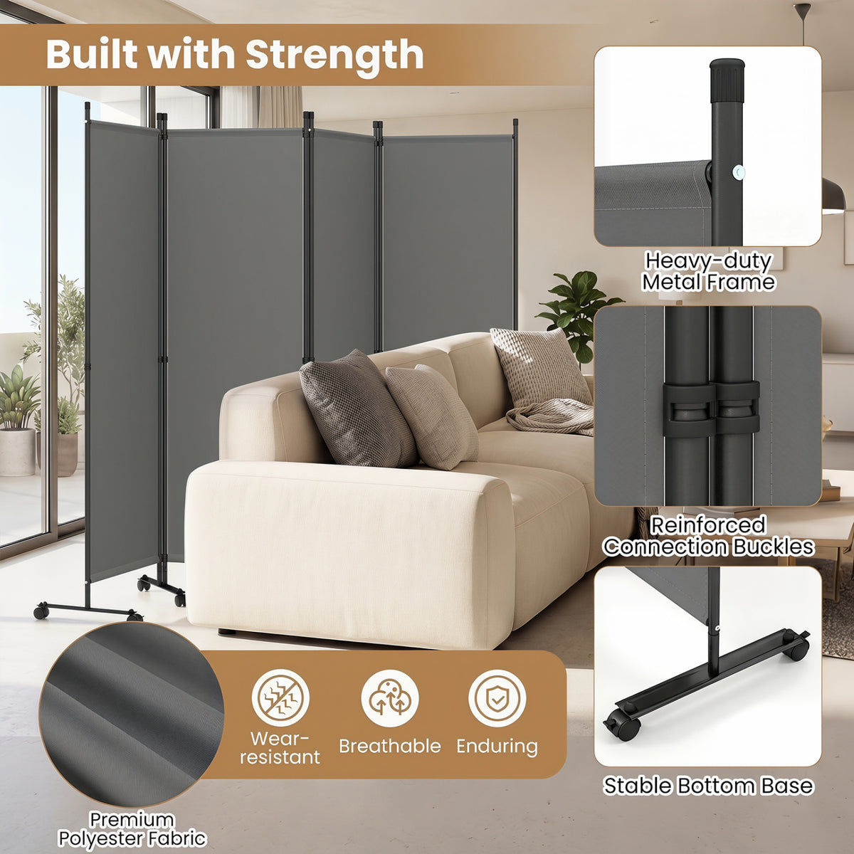 4-Panel Room Divider with Lockable Wheels for Living Room-Gray view 7
