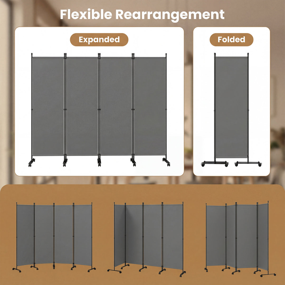 4-Panel Room Divider with Lockable Wheels for Living Room-Gray view 8