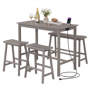4-Piece Counter Height Dining Table Set with Power Outlet Solid Rubber Wood Kitchen Table-Gray