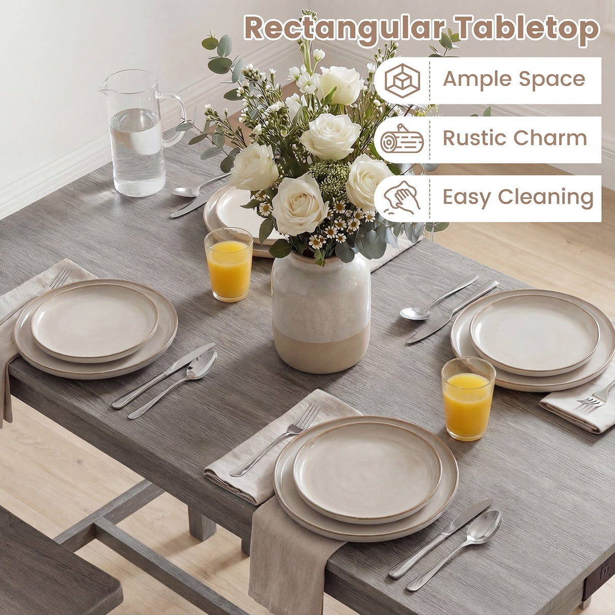 4-Piece Counter Height Dining Table Set with Power Outlet Solid Rubber Wood Kitchen Table-Gray view 7