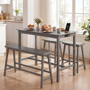 4-Piece Counter Height Dining Table Set with Power Outlet Solid Rubber Wood Kitchen Table-Gray view 2