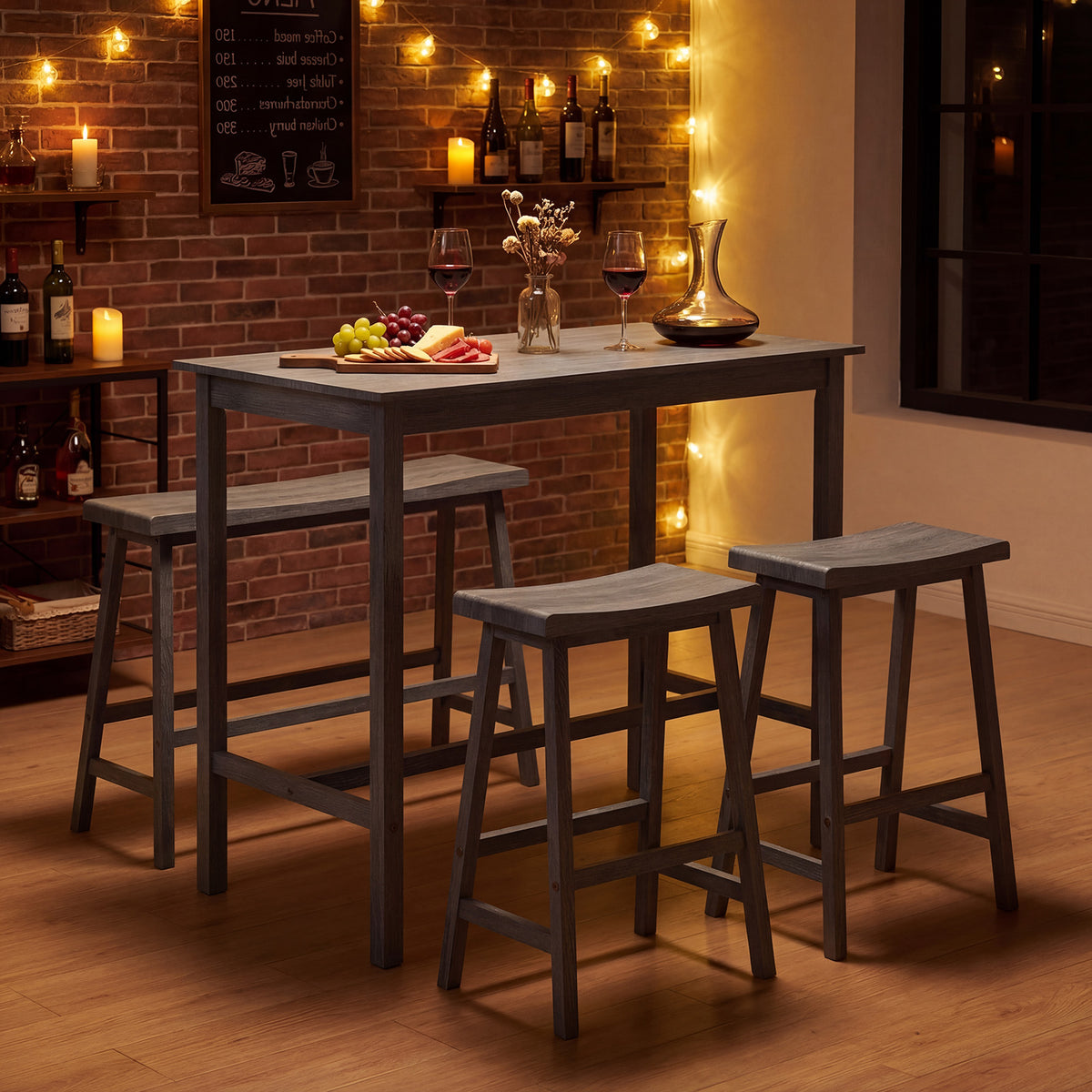 4-Piece Counter Height Dining Table Set with Power Outlet Solid Rubber Wood Kitchen Table-Gray view 3