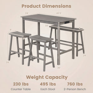 4-Piece Counter Height Dining Table Set with Power Outlet Solid Rubber Wood Kitchen Table-Gray view 5