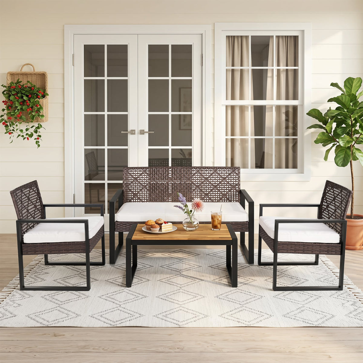 4-Piece Patio Set with Acacia Coffee Table and Wicker Chairs for Backyard-Brown & Black view 2