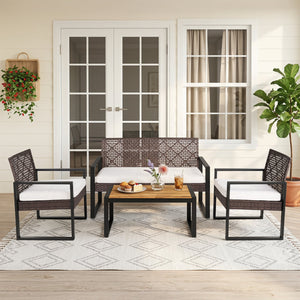 4-Piece Patio Set with Acacia Coffee Table and Wicker Chairs for Backyard-Brown & Black view 2
