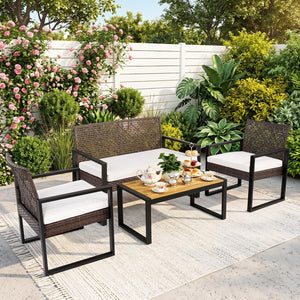 4-Piece Patio Set with Acacia Coffee Table and Wicker Chairs for Backyard-Brown & Black view 3