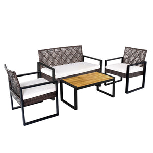 4-Piece Patio Set with Acacia Coffee Table and Wicker Chairs for Backyard-Brown & Black