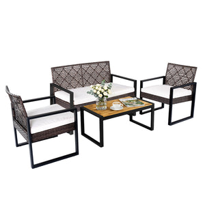 4-Piece Patio Set with Acacia Coffee Table and Wicker Chairs for Backyard-Brown & Black view 4