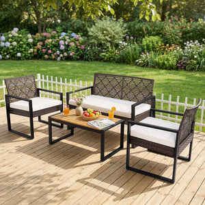 4-Piece Patio Set with Acacia Coffee Table and Wicker Chairs for Backyard-Brown & Black view 6