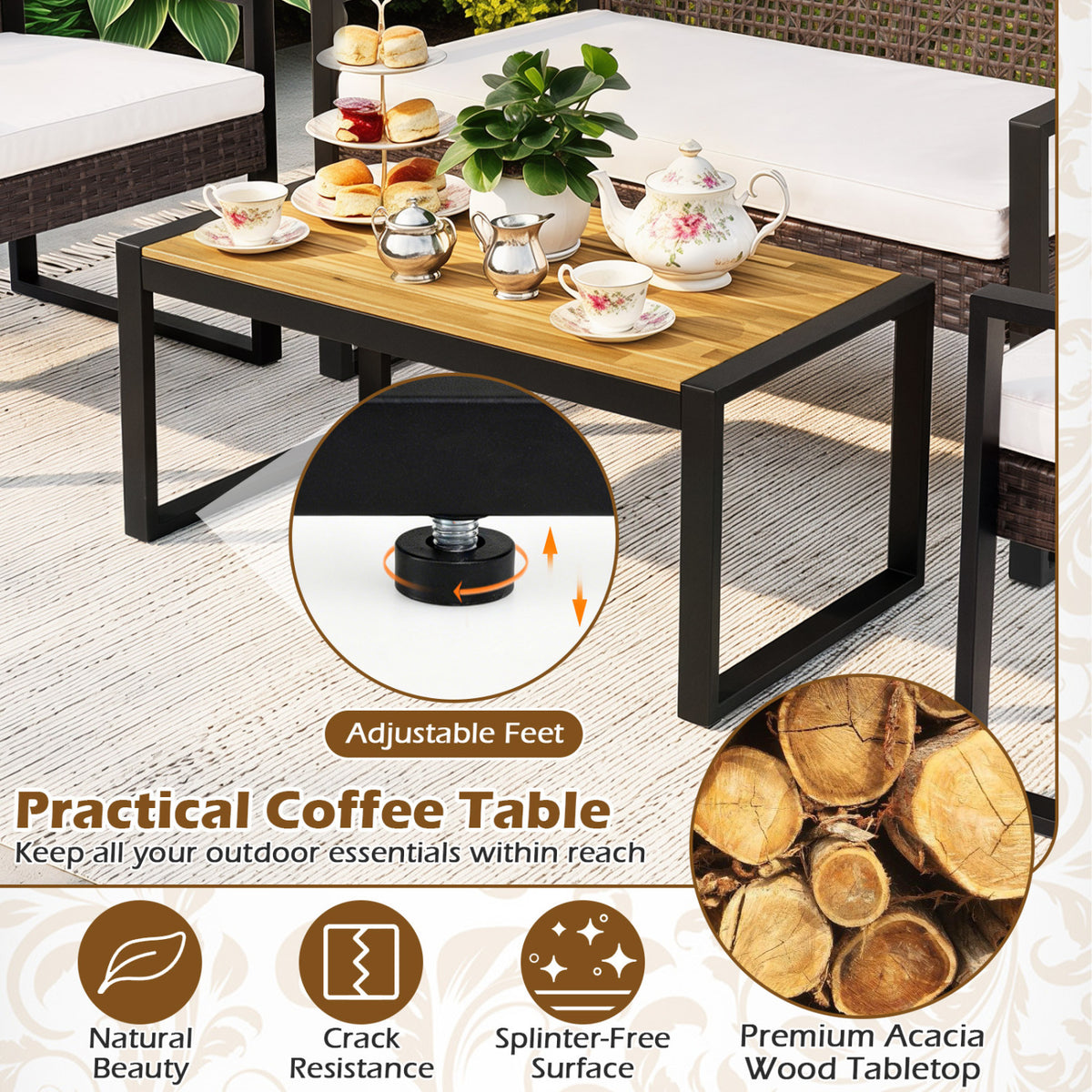 4-Piece Patio Set with Acacia Coffee Table and Wicker Chairs for Backyard-Brown & Black view 7