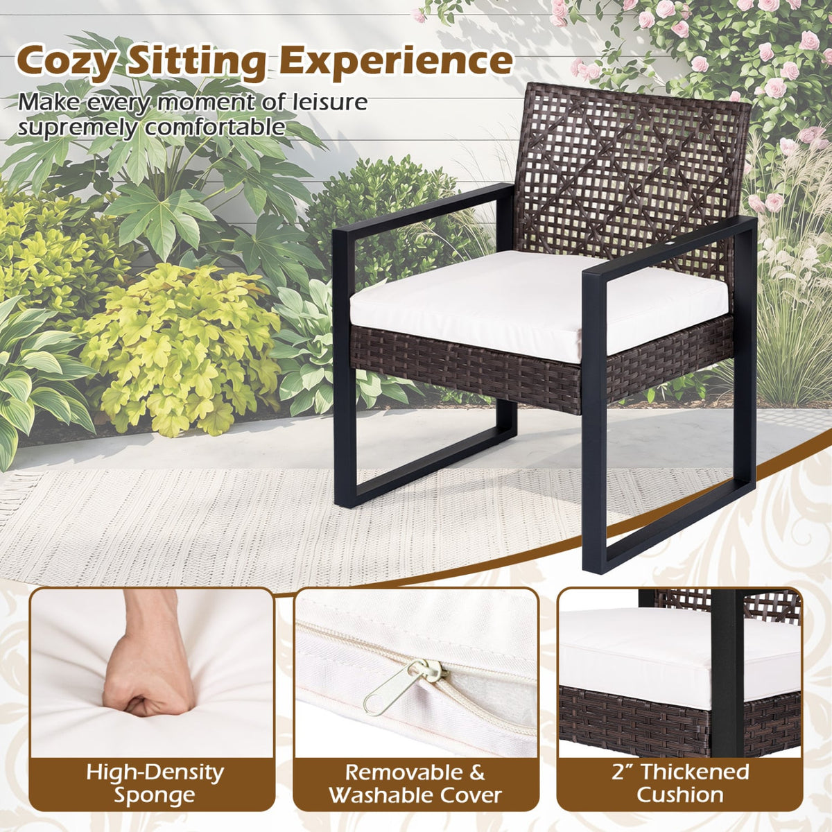 4-Piece Patio Set with Acacia Coffee Table and Wicker Chairs for Backyard-Brown & Black view 8